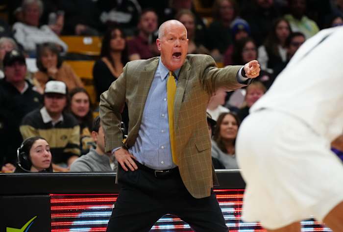 Dec 29, 2023; Boulder, Colorado, USA; Colorado Buffaloes head coach Tad Boyle calls out in the first half against the Washington Huskies at the CU Events Center